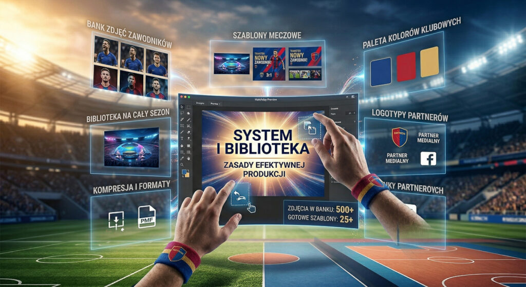 Futurystyczne ujęcie dłoni trzymającej przezroczysty smartfon na stadionie sportowym, wyświetlający cyfrowe interfejsy tworzenia treści, systemy i biblioteki dla komunikacji wizualnej, w tym szablony meczowe, logotypy, palety kolorów, sesje drużynowe i optymalizację grafik.