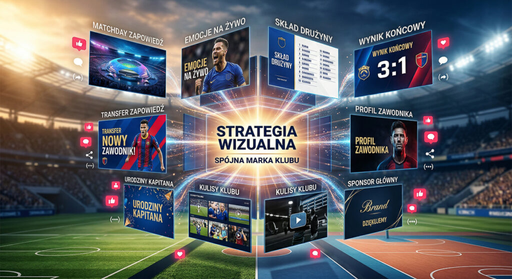 Złożona, podświetlana infografika cyfrowa na tle nowoczesnego stadionu sportowego, przedstawiająca centralną strategię wizualną klubu i dziesięć dynamicznych paneli treści dla social media, takich jak wyniki meczu 3:1, zapowiedzi, składy drużyn, profile zawodników, zaangażowanie fanów i ekspozycję sponsorów.