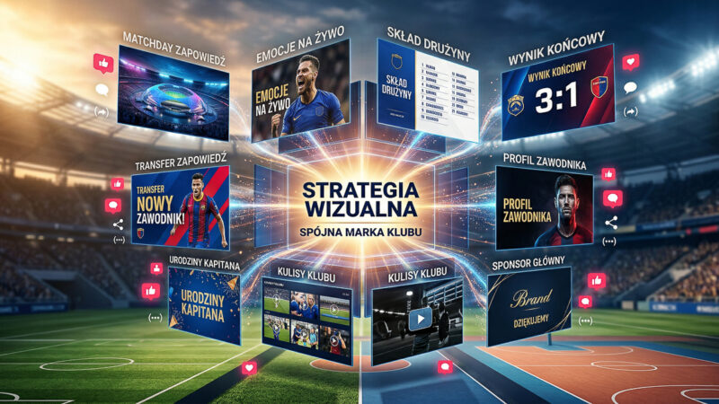 Złożona, podświetlana infografika cyfrowa na tle nowoczesnego stadionu sportowego, przedstawiająca centralną strategię wizualną klubu i dziesięć dynamicznych paneli treści dla social media, takich jak wyniki meczu 3:1, zapowiedzi, składy drużyn, profile zawodników, zaangażowanie fanów i ekspozycję sponsorów.