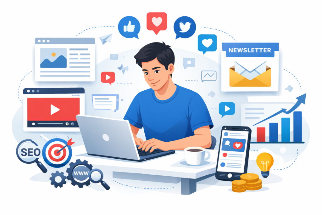 Content marketing – osoba tworząca treści na laptopie, SEO, social media, wideo i newsletter