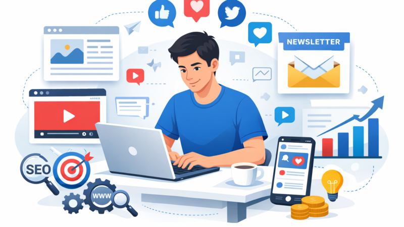 Content marketing – osoba tworząca treści na laptopie, SEO, social media, wideo i newsletter