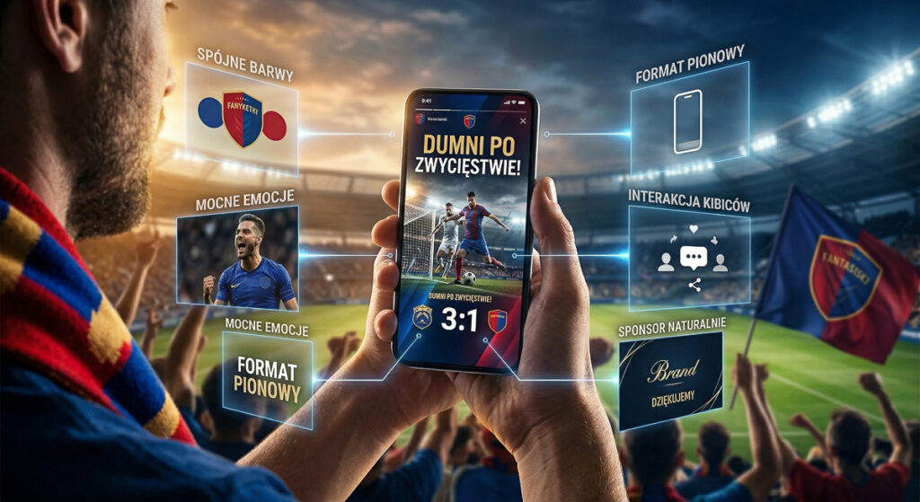 Zbliżenie na kibica w szaliku klubowym trzymającego smartfon na nowoczesnym stadionie sportowym. Telefon wyświetla dynamiczną grafikę w formacie pionowym z wynikiem meczu 3:1 i unoszącymi się podświetlanymi ikonami zaangażowania fanów oraz innymi elementami profesjonalnej komunikacji wizualnej.