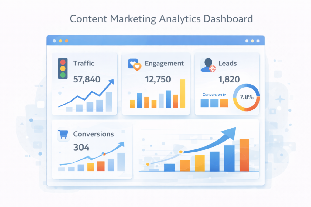 Dashboard analityczny content marketingu – ruch, zaangażowanie, leady i konwersje